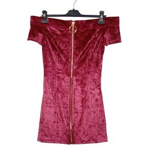 Burgundy Off-Shoulder Velvet Mini Dress With Gold Zipper Front By Essue Size M